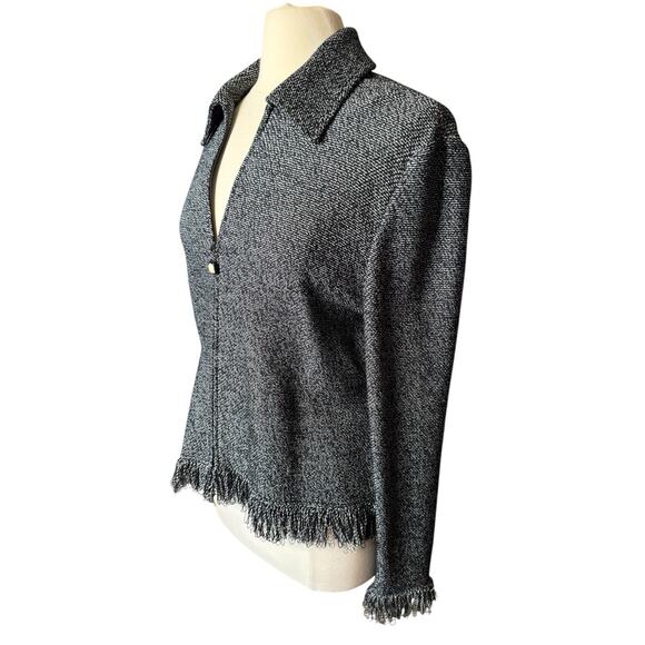 ST JOHN Jacket Black White Fringe 12 Blazer Cardigan Sweater Full Zip - Picture 2 of 9